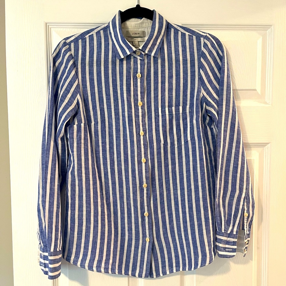 J Crew blue and white stripe linen shirt